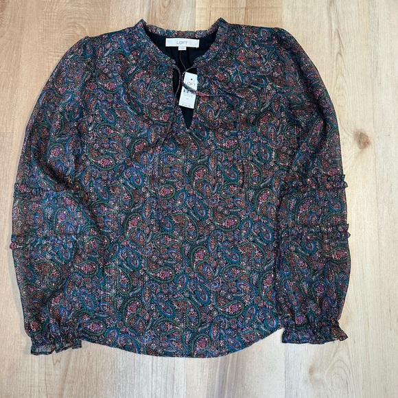 LOFT Tops - LOFT Women's Multicolor Shimmer Paisley Smocked Ruffle Tie Neck Blouse Sz M